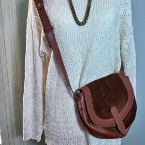 American Eagle Brown Suede Faux Leather Crossbody Purse Boho Floral Lining